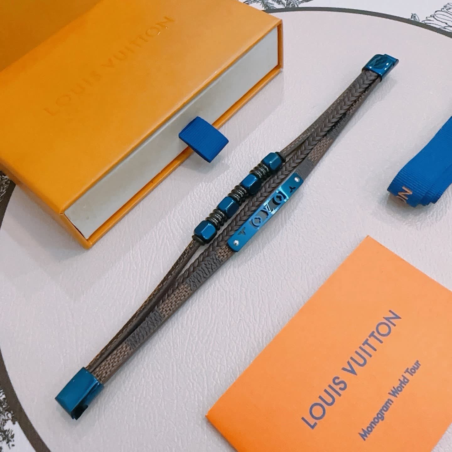 Louis Vuitton Brown Leather and Blue Bead Bracelet